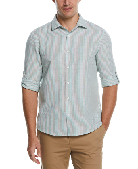 Untucked Roll Sleeve Linen Blend Stripe Shirt (Canton) 