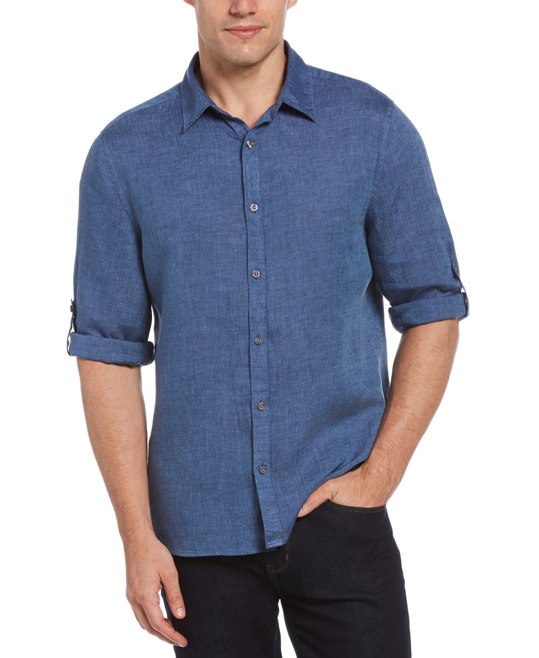 Roll Sleeve Linen Chambray Shirt Delft Perry Ellis