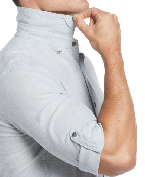 Untucked Slim Fit  Linen Blend Rolled Sleeve Stripe Shirt (Dusty Blue) 