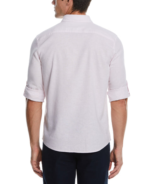 Untucked Slim Fit Linen Blend Rolled Sleeve Stripe Shirt (Lavender Fog) 